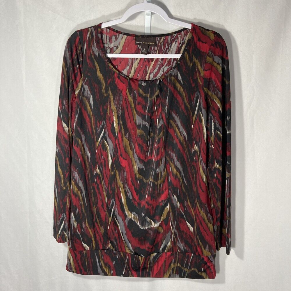 70-6 DANA BUCHMAN red multicolor scoop neck long sleeve top L
